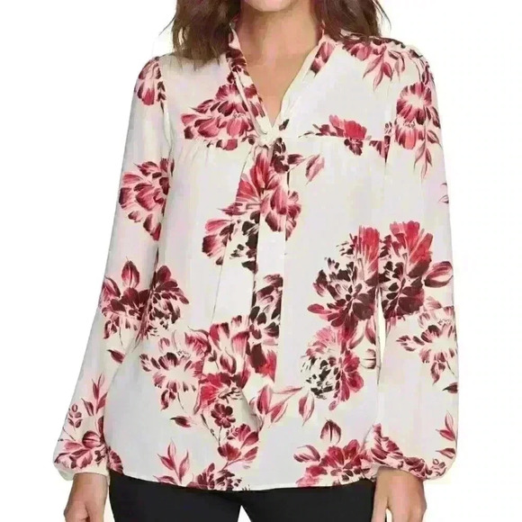 NWT🖤🌺Floral Long Sleeve Tie Neck Top - Picture 1 of 4